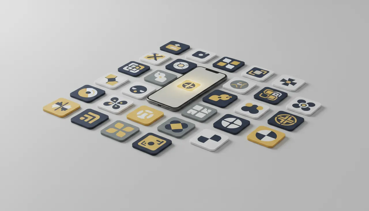 Several generic app icon tiles laid out in a grid on a table with a phone in the middle