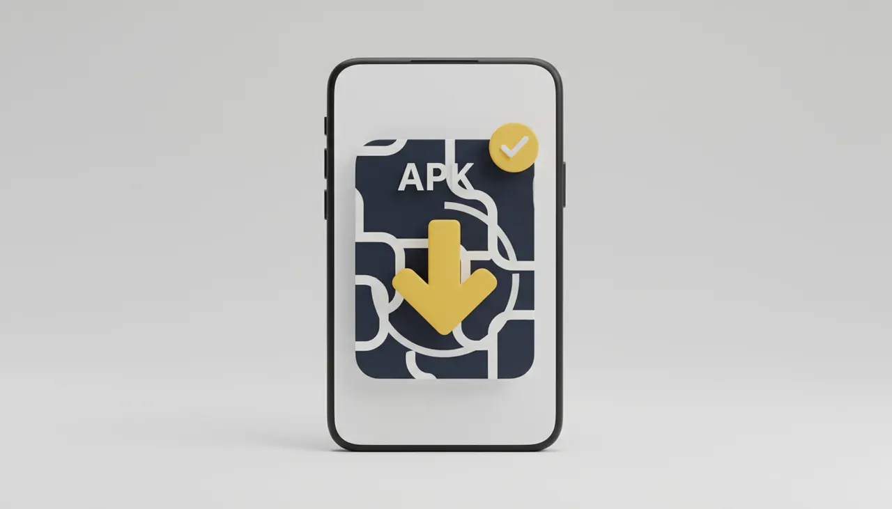 Android phone screen with an APK file card, a yellow download arrow and a verified checkmark badge