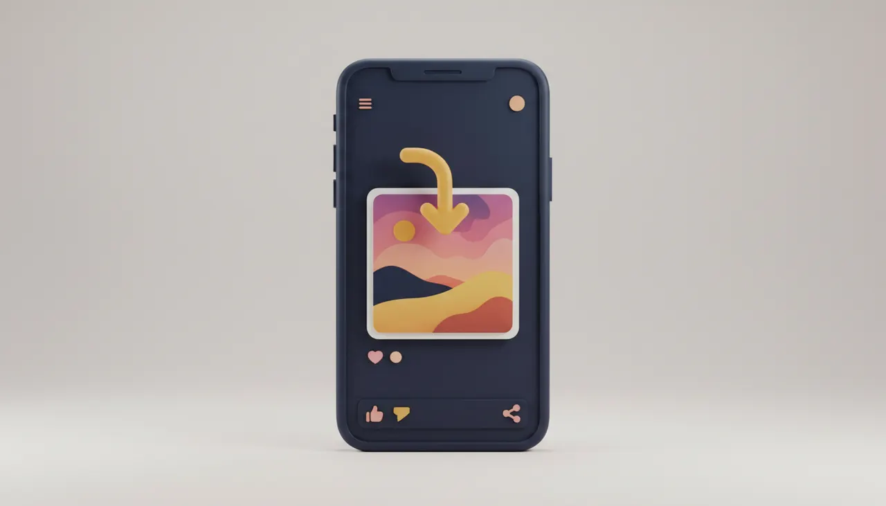 A smartphone showing a photo-sharing social feed with a square post and a download arrow floating above it