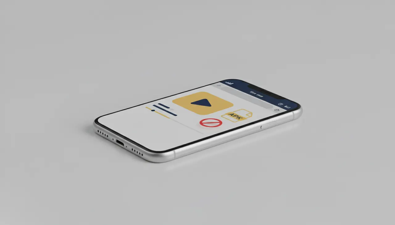 An iPhone on a table showing a web browser download page, with a prohibited symbol over an APK file beside it