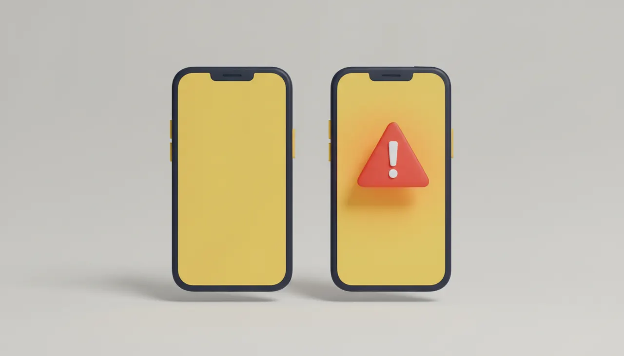 Two identical Android phones side by side, one clean and one with a red warning triangle above it