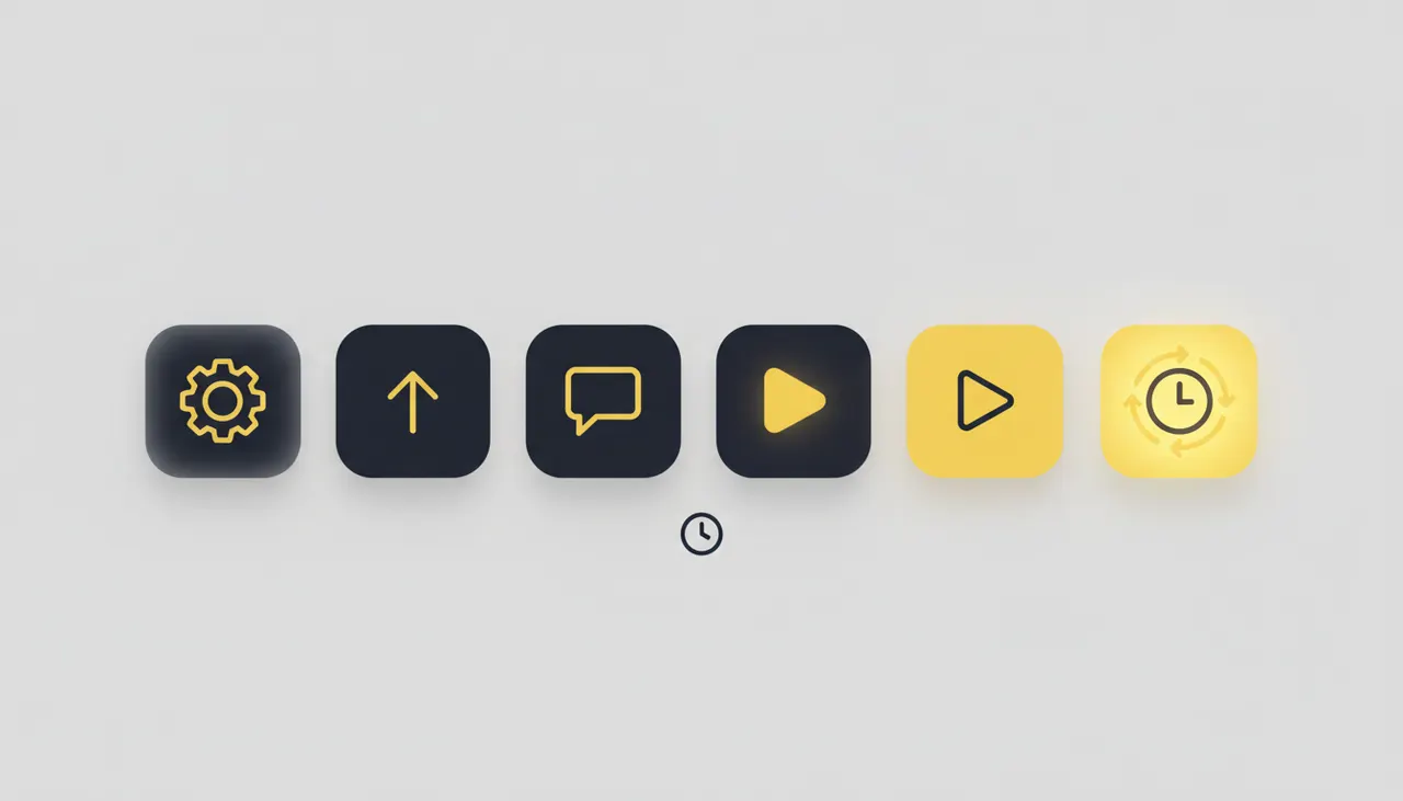 A row of five app icon tiles arranged as a timeline, older ones faded and the newest one bright yellow