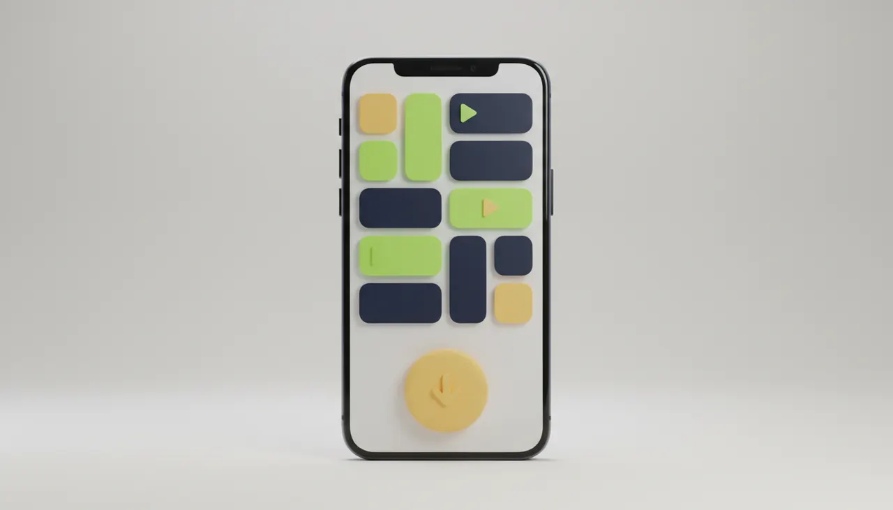 Celular Android mostrando um aplicativo para baixar vídeos e músicas com um botão amarelo de download