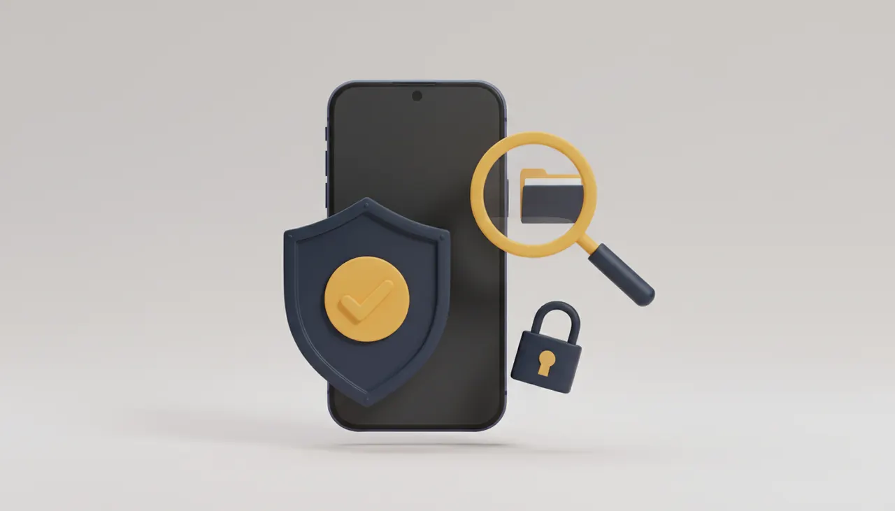 A smartphone with a large shield and green checkmark in front of it, a magnifying glass inspecting a file icon